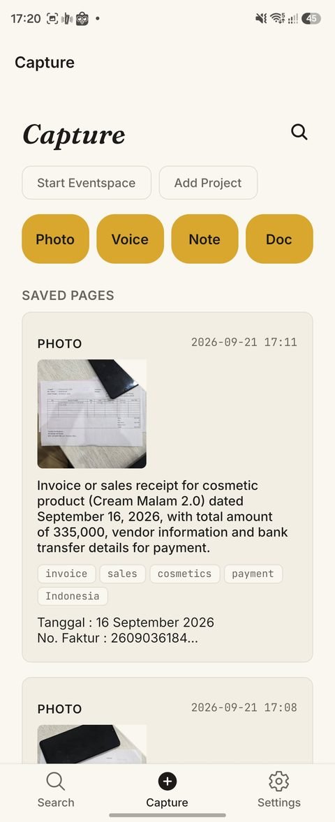 The Capture screen showing photo, voice, note, and document buttons, with a recent receipt capture below