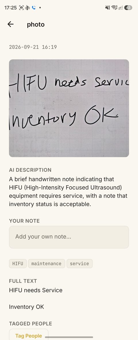 A capture detail view showing a handwritten note, its AI-generated description, and automatic tags