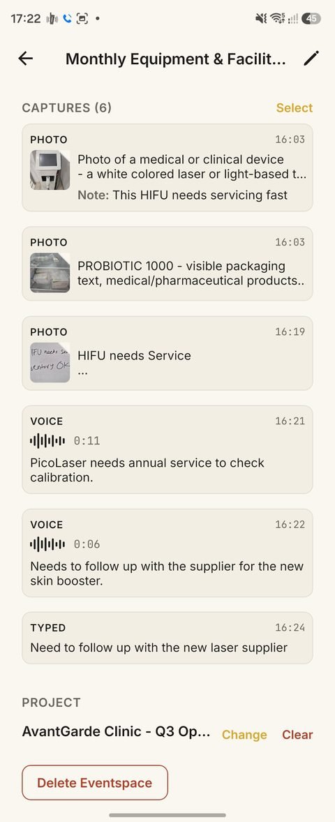 An Eventspace detail view listing six captures — photos, voice notes, and a typed note — grouped together