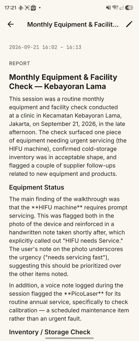 An AI-generated report summarizing an equipment and facility check, with equipment status prioritized by urgency